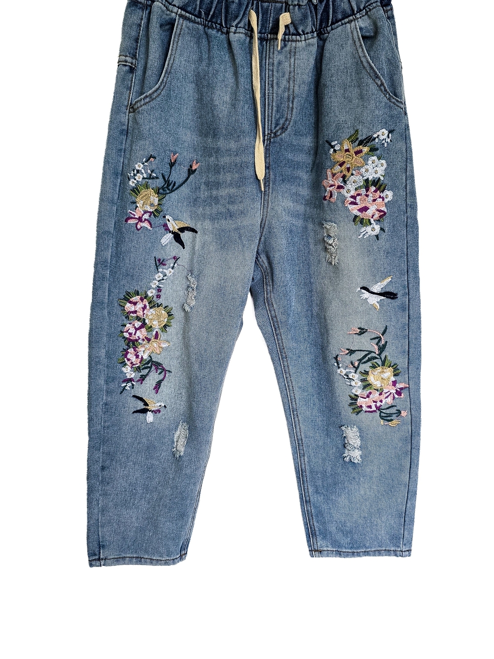 Embroidered Light Blue Boyfriend Jeans with Floral & Bird Motif